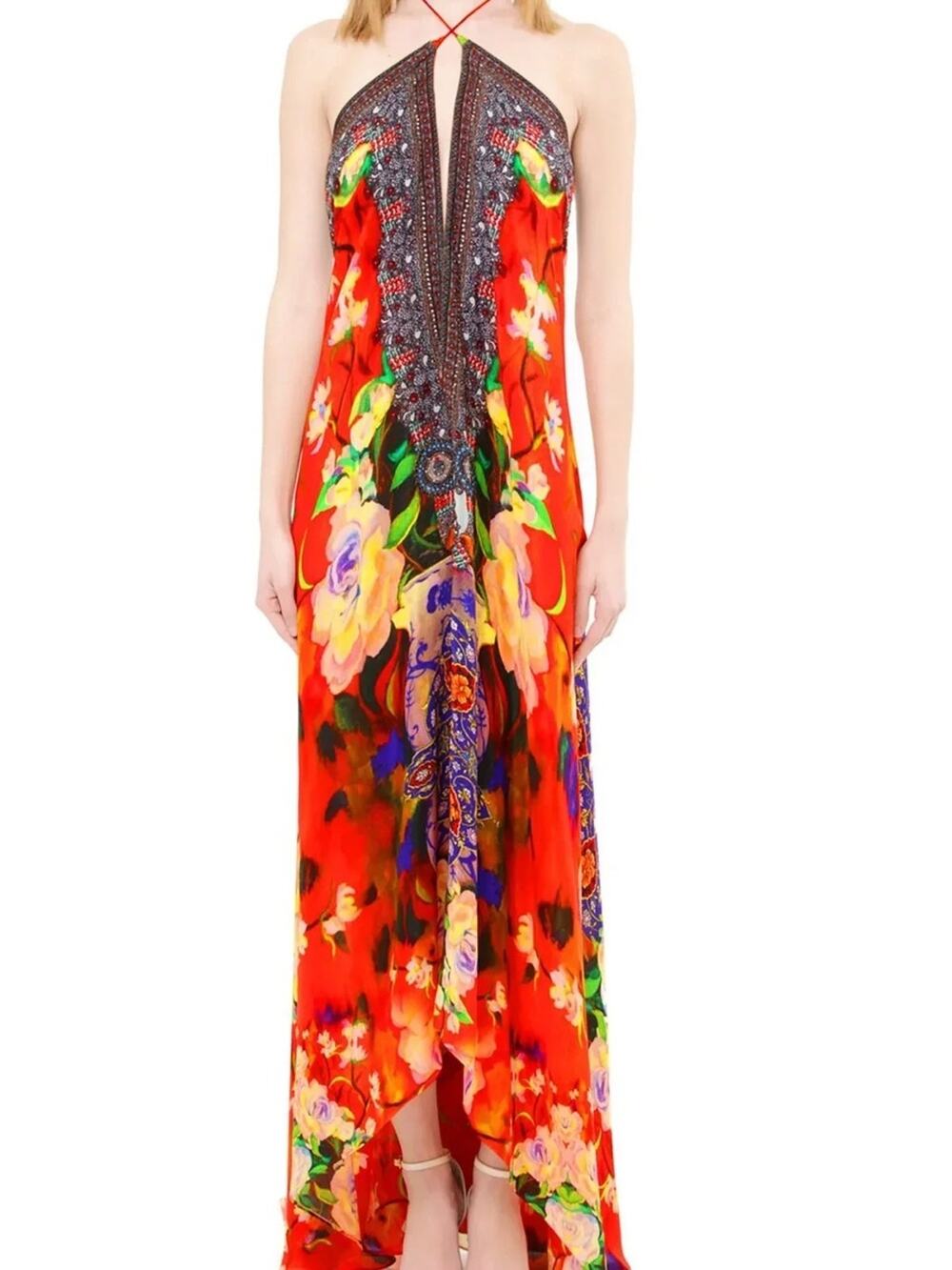 Shahida Parides Red Floral Tie Back 3-Way Embellished Scarf Maxi Dress Womens OS